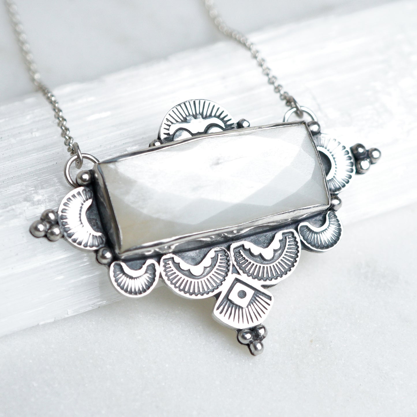 White Moonstone Bohemian Silver Necklace