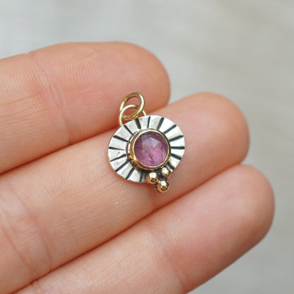 Dark Pink Tourmaline Sun Ray Silver & 9ct Gold Pendant