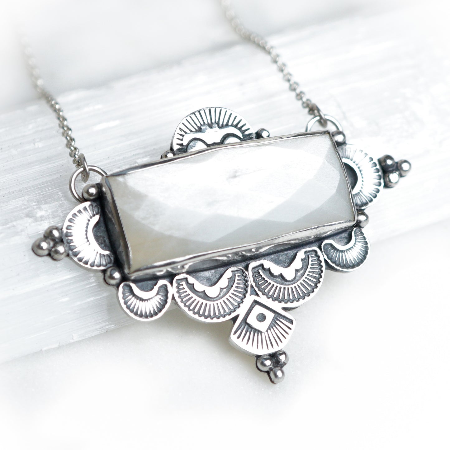 White Moonstone Bohemian Silver Necklace