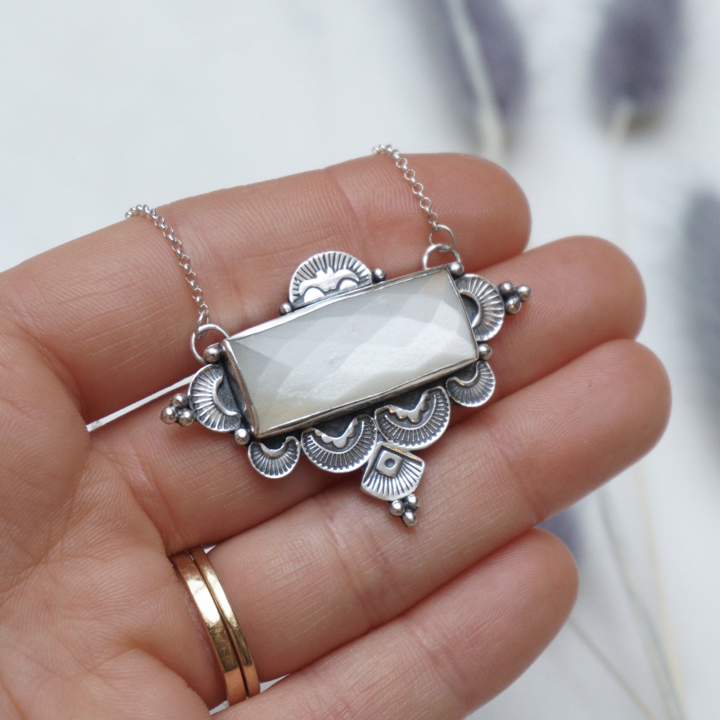 White Moonstone Bohemian Silver Necklace
