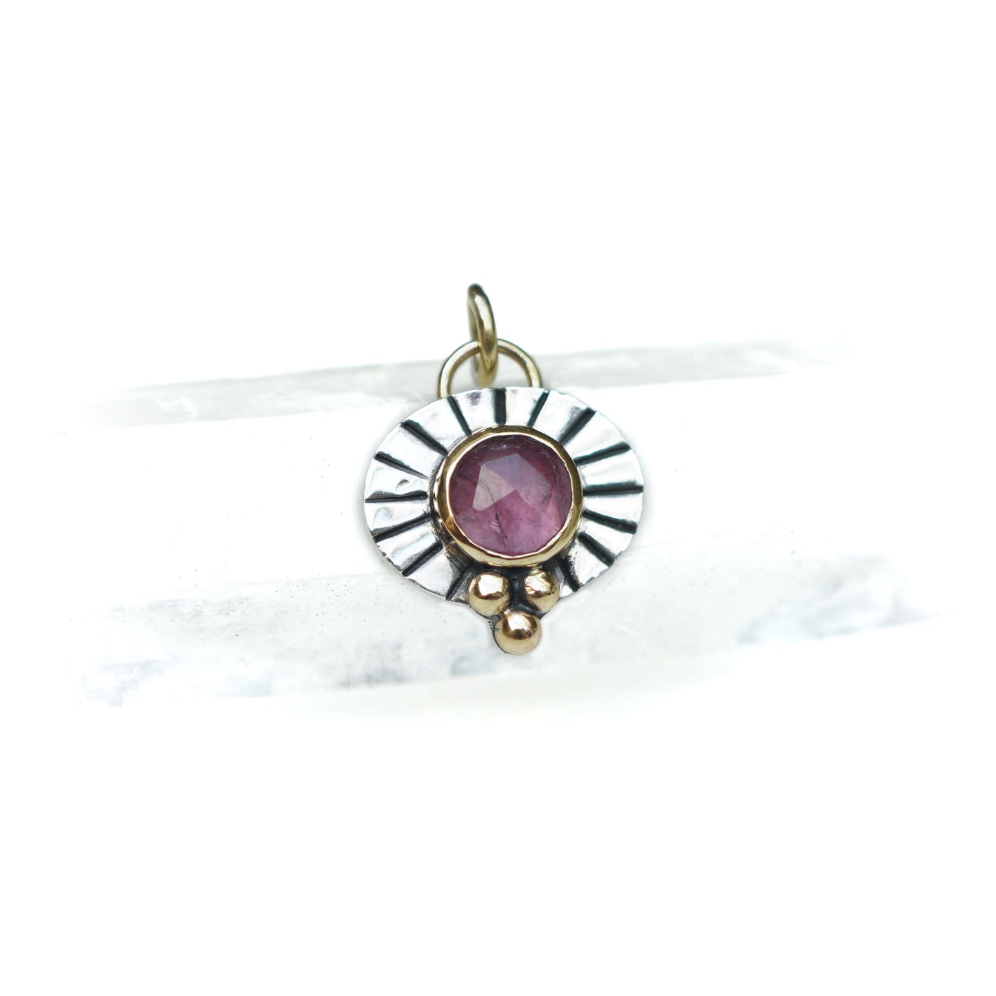 Dark Pink Tourmaline Sun Ray Silver & 9ct Gold Pendant