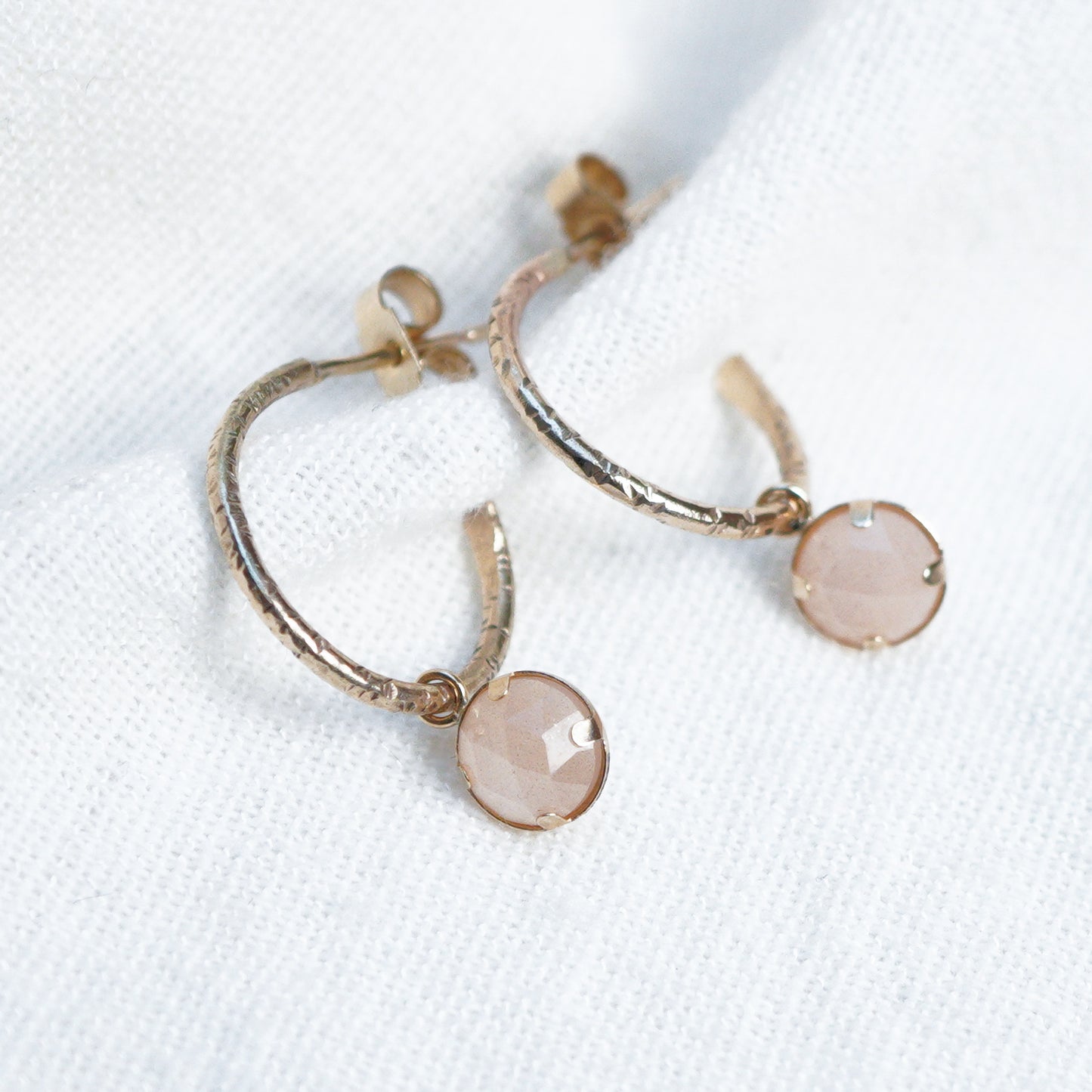 Peach Moonstone Charm Hoops 9ct Gold