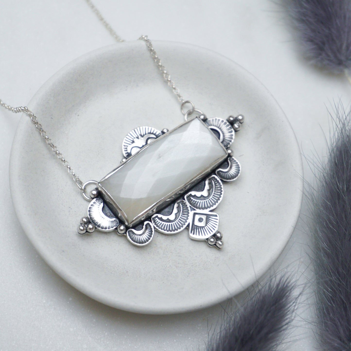 White Moonstone Bohemian Silver Necklace