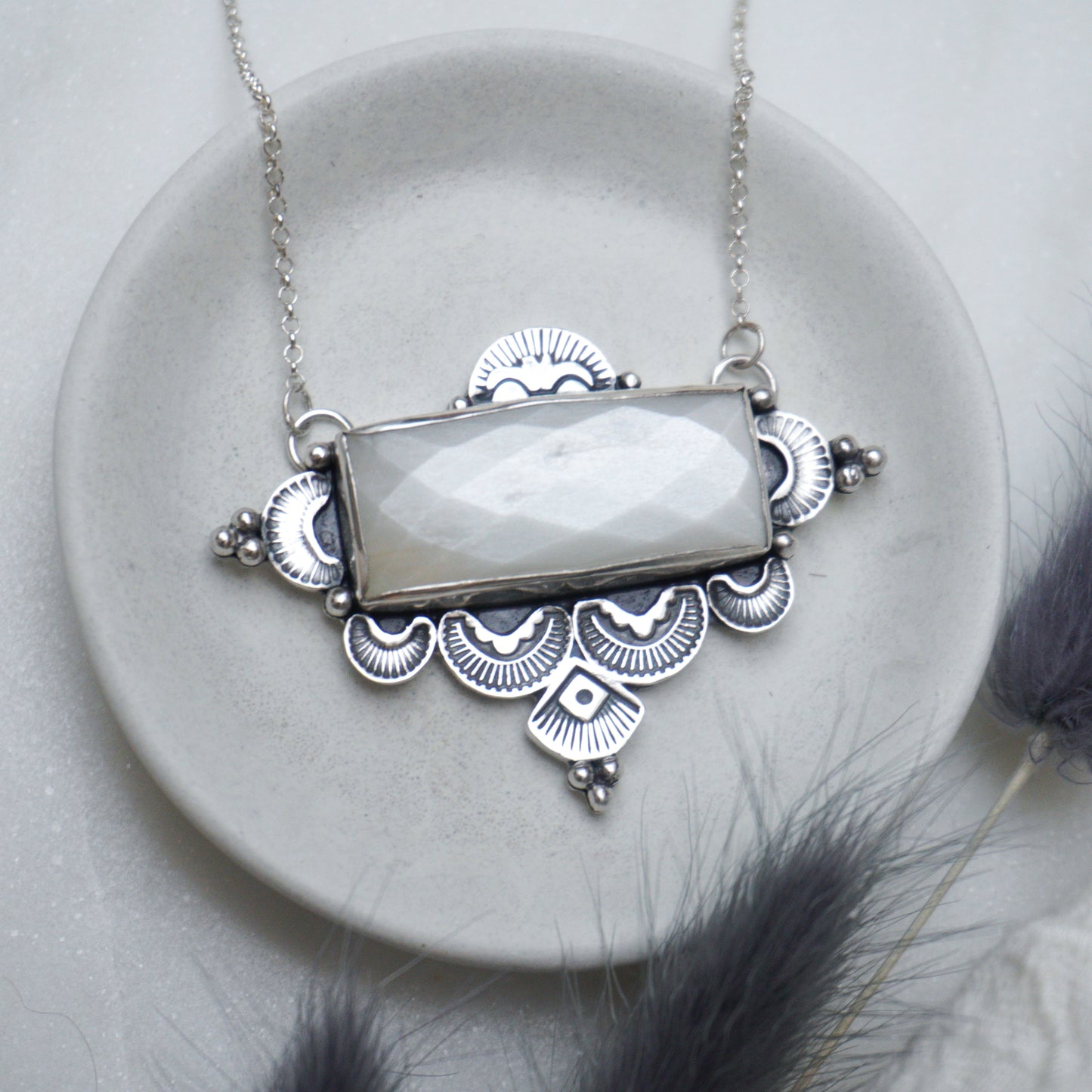 White Moonstone Bohemian Silver Necklace