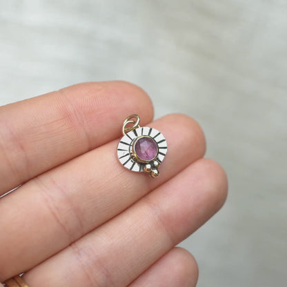 Dark Pink Tourmaline Sun Ray Silver & 9ct Gold Pendant